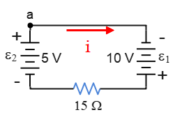 Kirchhoff's loop around a circuit involving two batteries.
