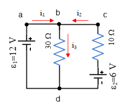 Junction and loop rule around a circuit with three branches.