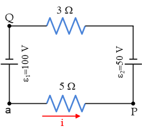 The direction of the current is shown in the circuit below. 