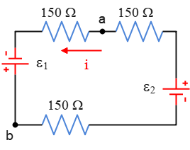 Current around a circuit containing two batteries using Kirchhoff's law rules.